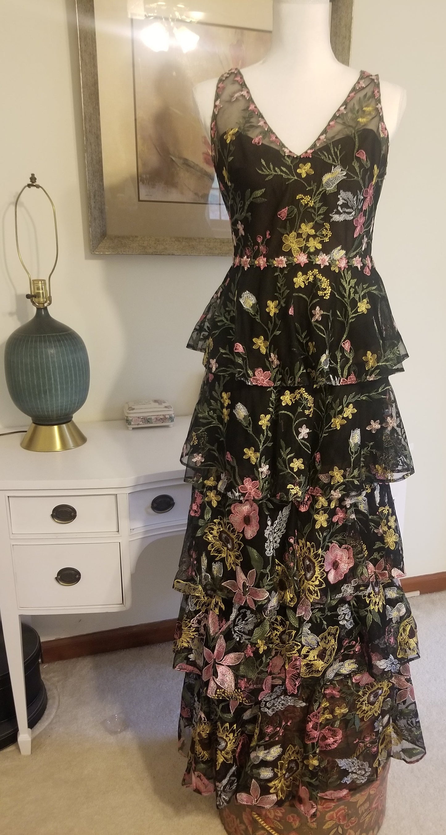 Marchese Notte 4 Tiered Embroidered Floral Gown , Size 4