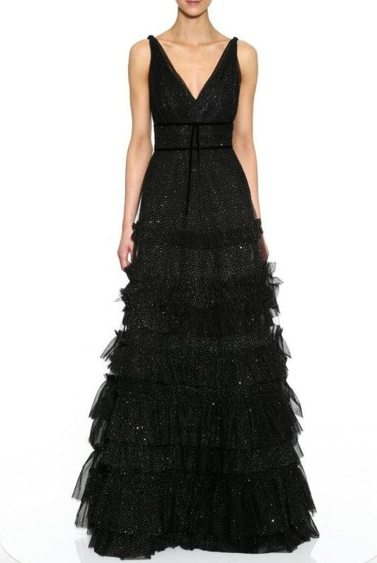 Marchesa Notte Tiered Black Gown - Size 4