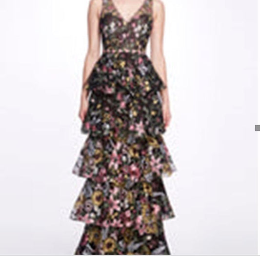 Marchese Notte 4 Tiered Embroidered Floral Gown , Size 4