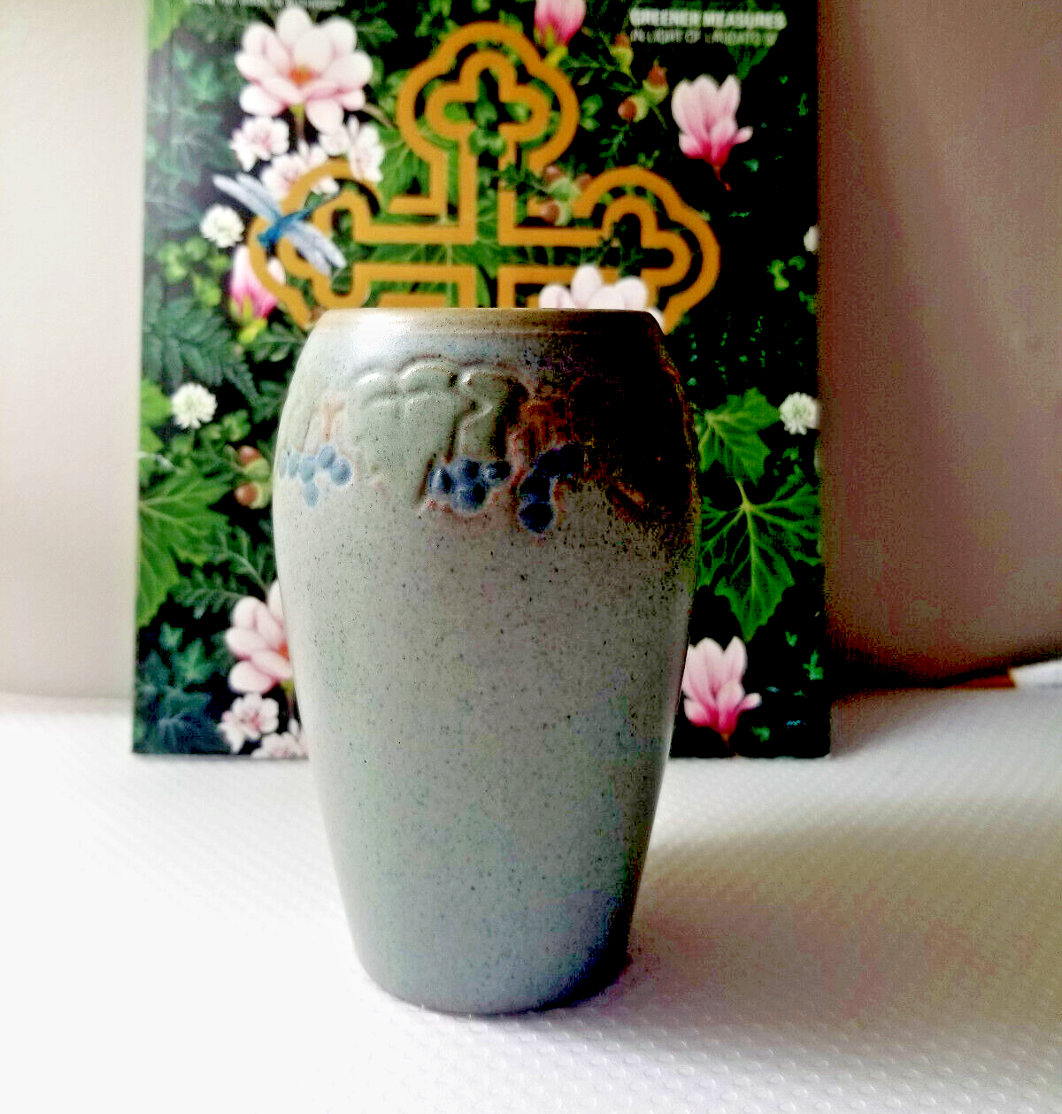 Marblehead Pottery 5.25" ta floral decorated vase Arts & Crafts matte green gray