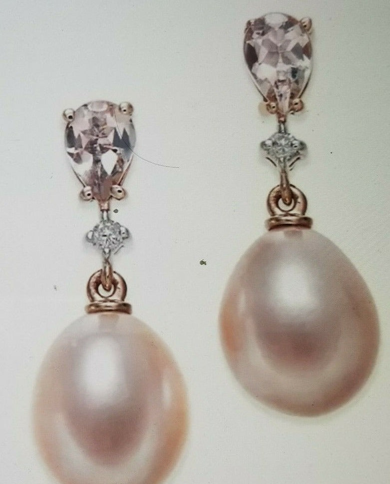 Jewelry -4K Pink Pearls* Morganite* Diamond  Earrings* +++ Bracelet+++Necklace