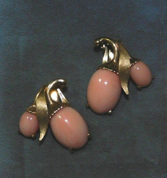 Jewelry *Angel Skin Coral Cabochon 14k Yellow Gold Clip on Earrings *8 grams