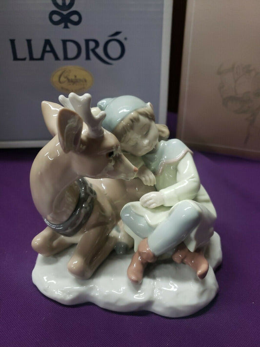 LLADRO RETIRED "A Well Earned Rest" Mint Condition Little Girl Elf & Reindeer