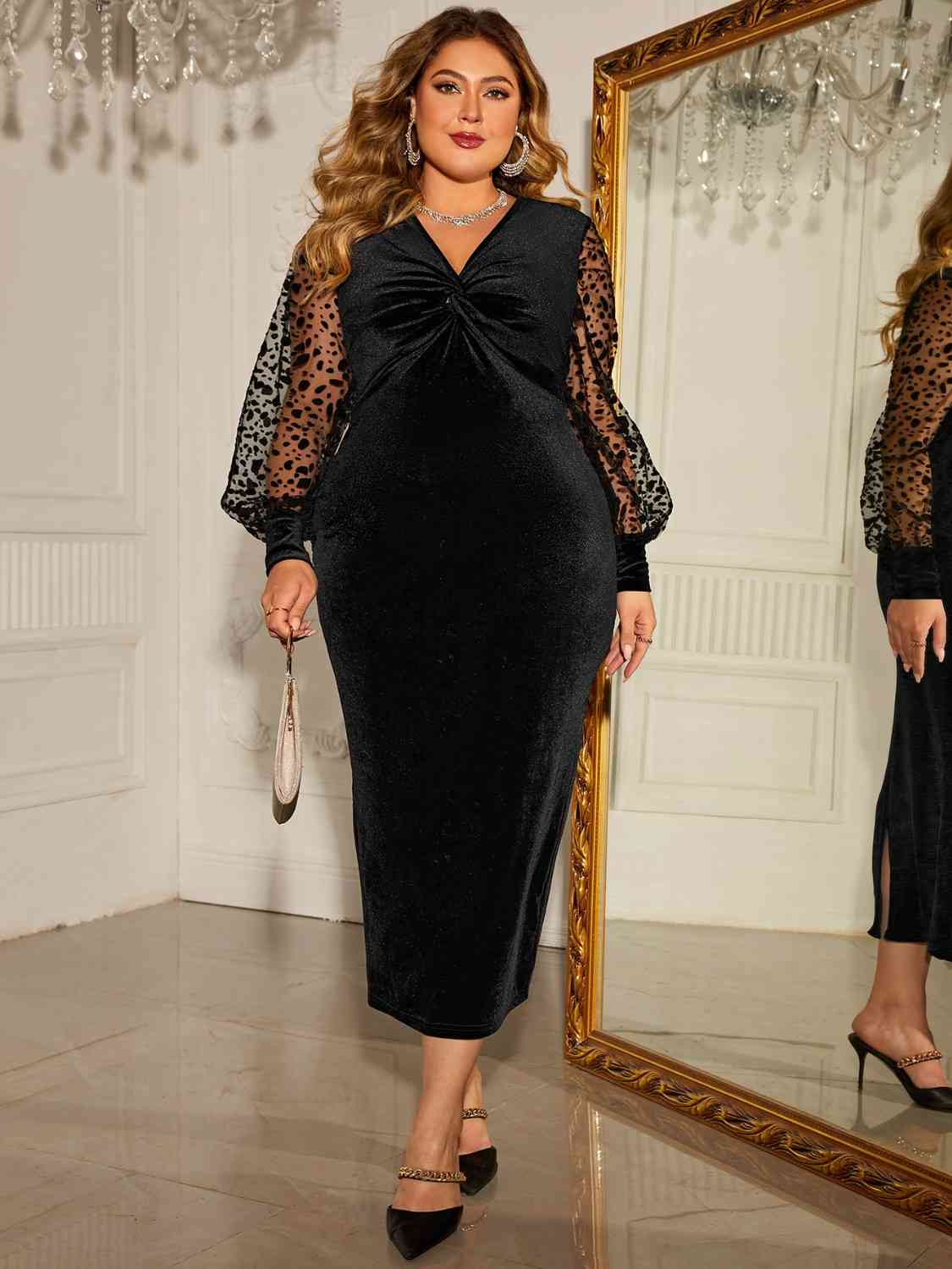 Plus Size Twist Front Lantern Sleeve Slit Dress